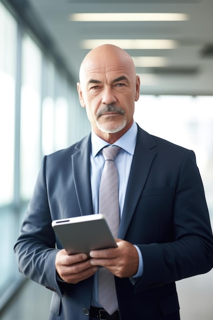 Portrait d'un homme d'affaires mature utilisant une tablette numérique dans un bureau créé avec une IA générative