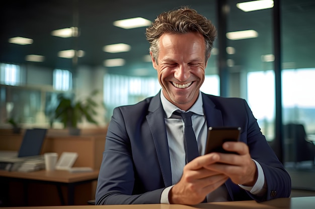 Portrait d'un homme d'affaires mûr souriant avec des écouteurs et un smartphone en costume debout à la table du bureau