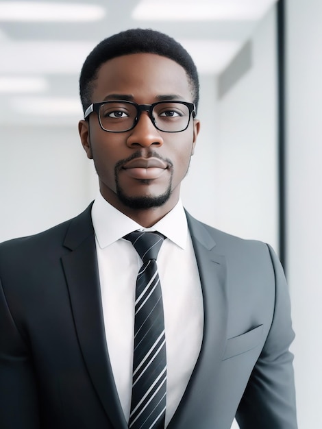 Portrait d'un homme d'affaires noir dans le bureau sur un fond clair