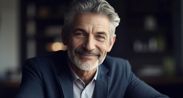 Portrait d'homme d'affaires professionnel mature aux cheveux gris regardant la caméra et souriant confiant adul