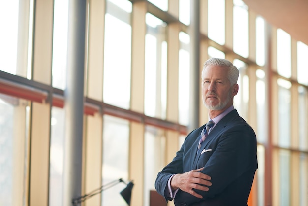 portrait d'homme d'affaires senior avec barbe grise et cheveux seuls je bureau moderne à l'intérieur