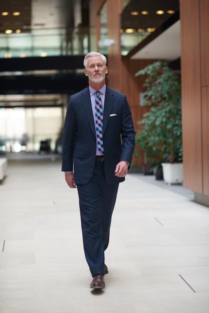 portrait d'homme d'affaires senior avec barbe grise et cheveux seuls je bureau moderne à l'intérieur