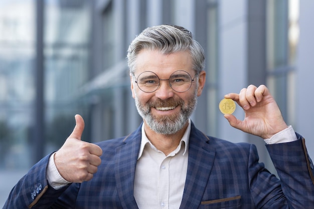 Portrait d'un homme d'affaires senior debout dans un costume à l'extérieur d'un centre de bureaux et tenant des bitcoins