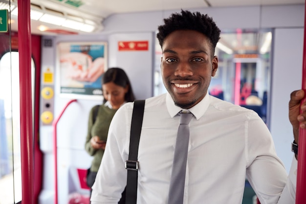 Portrait d'homme d'affaires souriant debout dans le train pour se rendre au travail