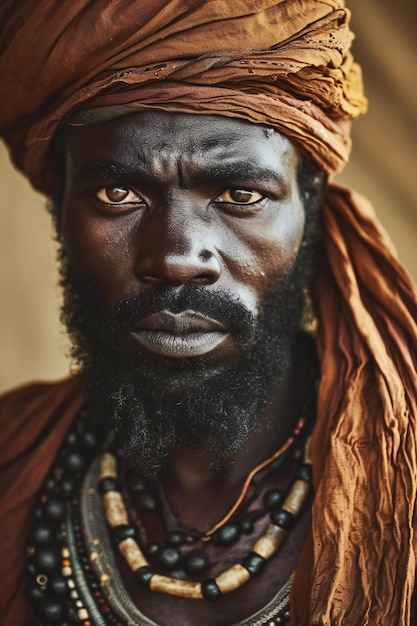 Portrait d'un homme africain à la barbe noire portant un turban