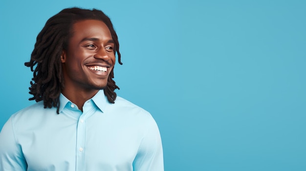 Photo portrait d'un homme africain élégant, sexy et souriant avec une peau foncée et parfaite et des cheveux longs sur un bleu clair