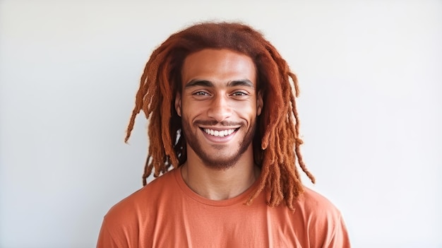 Portrait d'un homme africain élégant, sexy et souriant avec une peau sombre et parfaite, des cheveux longs rouges sur un blanc.