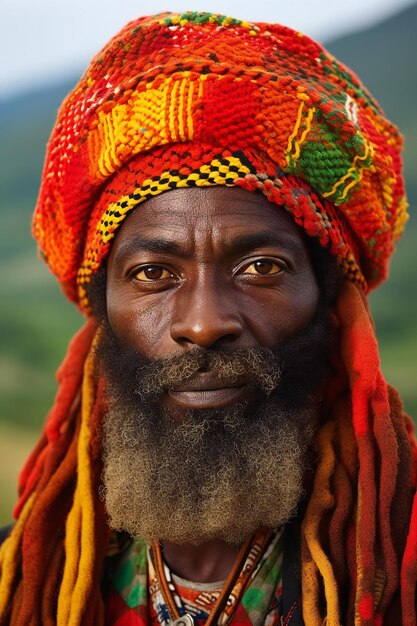 Portrait d'un homme africain avec une longue barbe et des vêtements multicolores