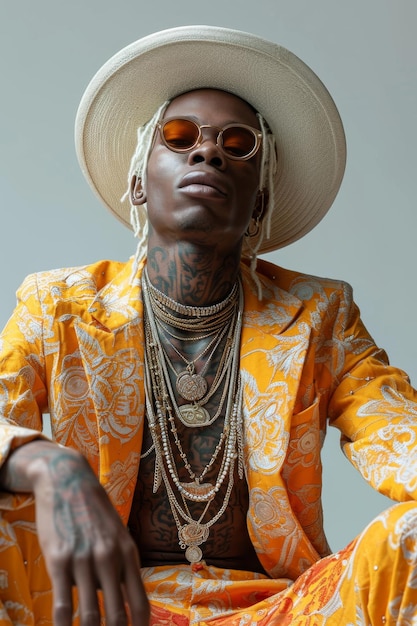 Portrait d'un homme africain avec des tatouages sur le visage dans des vêtements orange et des lunettes sur un fond blanc