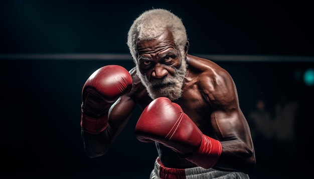 Portrait d'un homme afro-américain âgé en gants de boxe dans la salle de sport sur fond sombre