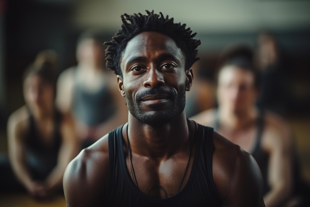 Portrait d'un homme afro-américain calme pratiquant le yoga en groupe en méditation alors qu'il est assis en position de lotus dans un gymnase avec des gens