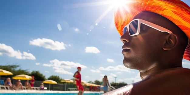 Photo portrait d'un homme afro-américain avec un chapeau orange et des lunettes de soleil à la piscine
