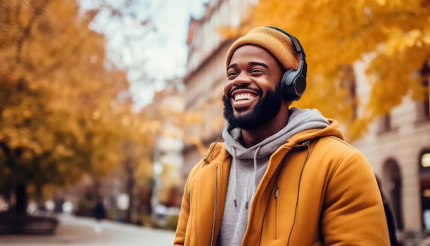 Portrait d'un homme afro-américain dans des écouteurs marchant dans la ville d'automne