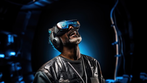 Portrait d'un homme afro-américain portant des lunettes de réalité virtuelle