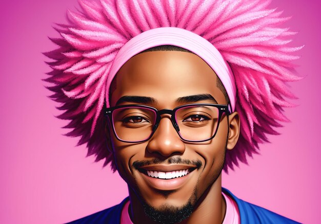 Portrait d'un homme afro-américain souriant avec une coiffure afro portant des lunettes roses