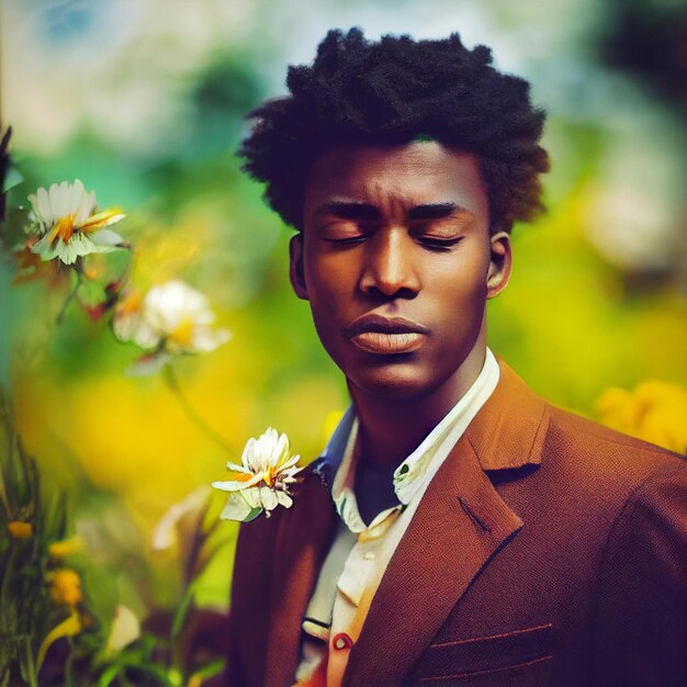 Portrait d'homme afro-américain avec les yeux fermés et fleurs en arrière-plan rendu 3d