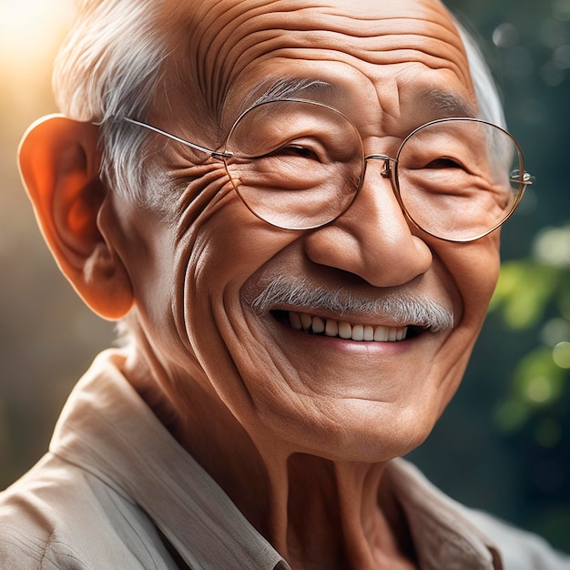 portrait d'un homme âgé de 80 ans d'apparence asiatique qui sourit largement une image positive