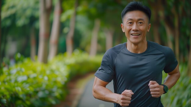 Portrait d'un homme âgé asiatique en tenue de fitness courant dans un parc Près d'un hommes souriant courant un homme faisant du jogging dans un parc