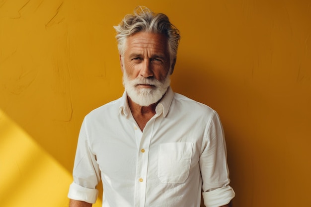 Portrait d'un homme âgé aux cheveux gris et à la barbe en chemise blanche debout contre un mur jaune IA générative