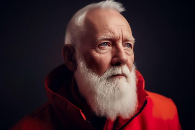 Portrait d'un homme âgé avec une barbe blanche en imperméable rouge Generative AI