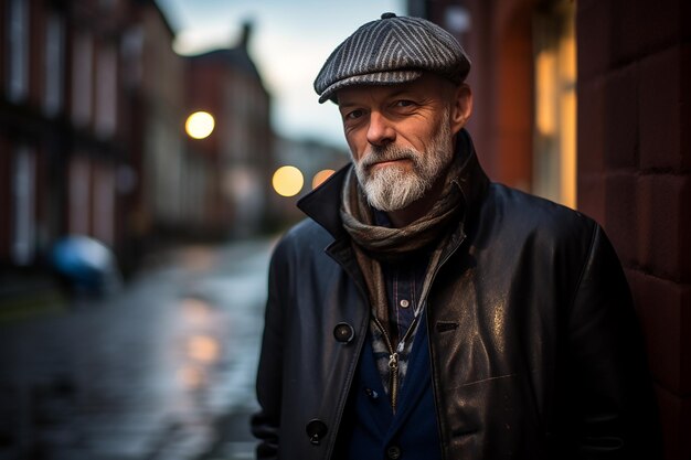 Photo portrait d'un homme âgé avec une barbe grise dans un chapeau et une veste dans une rue de la ville