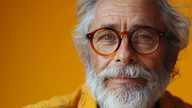 Portrait d'un homme âgé avec une barbe grise et des lunettes sur un fond jaune