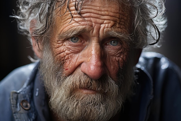 Portrait d'un homme âgé avec une barbe sous la pluie les yeux pleins de tristesse en regardant la caméra