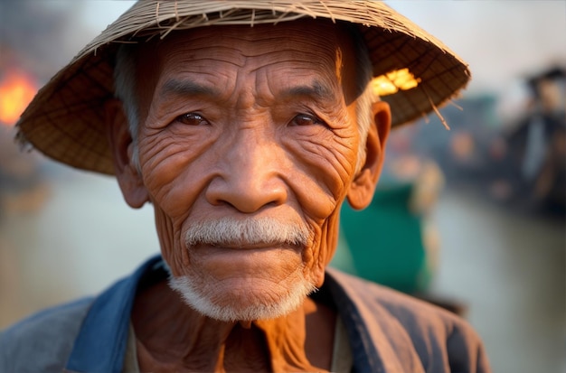 Portrait d'un homme âgé avec un chapeau de paille au Vietnam