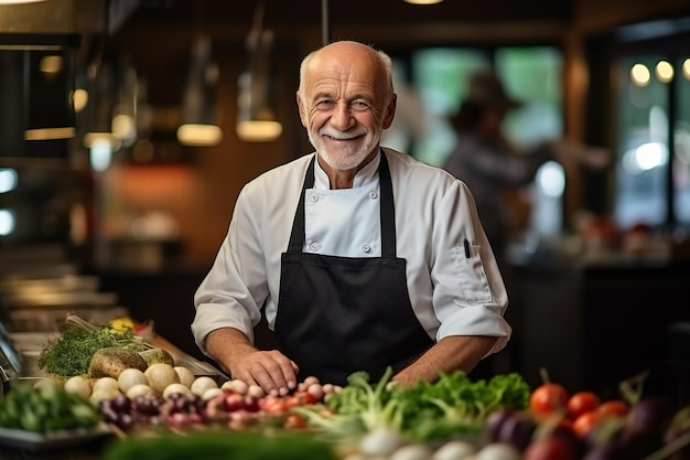 Portrait d'un homme âgé dans la cuisine d'un restaurant avec des légumes frais