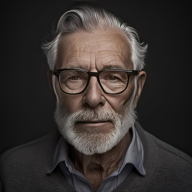 Portrait d'un homme âgé avec une expression attentive sur un fond sombre AI générative