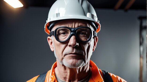 Portrait d'un homme d'âge moyen portant un casque de construction et des lunettes de sécurité sur fond gris