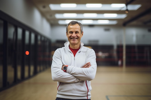 Portrait d'un homme d'âge moyen souriant debout avec les bras croisés dans un terrain de squash