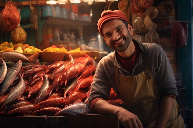 Photo portrait d'un homme d'âge moyen souriant vendant du poisson frais dans une poissonnerie généré par ai