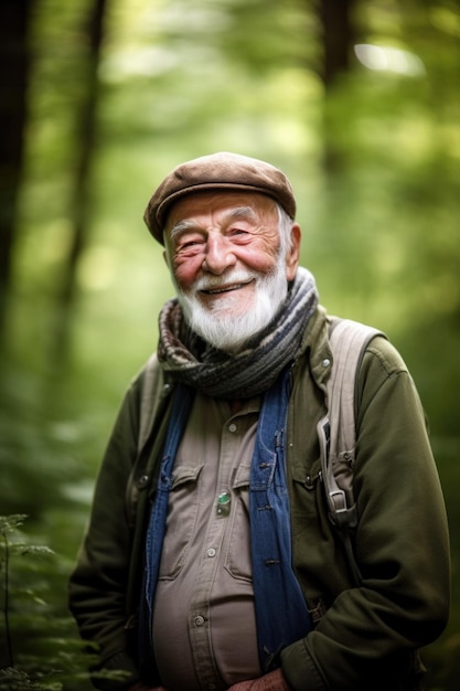 Portrait d'un homme âgé profitant d'une journée dans la forêt créée avec une IA générative