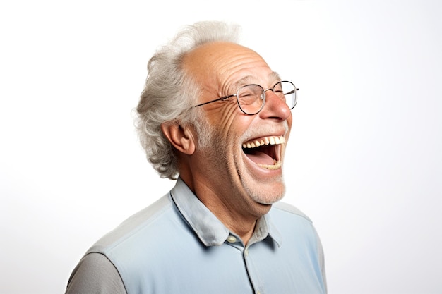 Portrait d'un homme âgé qui rit avec des lunettes sur un fond blanc