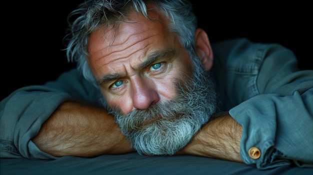 Portrait d'un homme âgé réfléchi avec barbe et regard intense