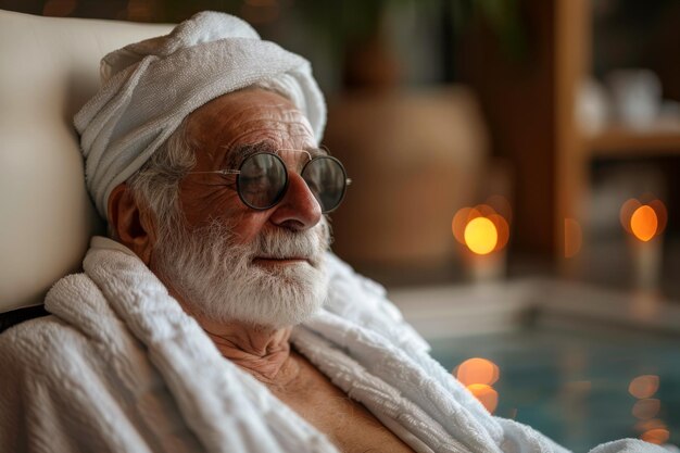 Portrait d'un homme âgé se détendant dans une station thermale. Il porte des lunettes de soleil et une serviette sur la tête.
