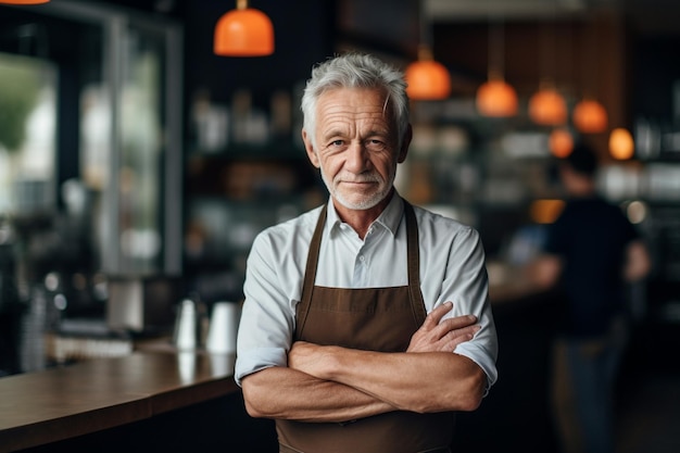 Portrait d'un homme âgé souriant debout avec les bras croisés dans un café