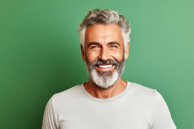 Portrait d'un homme âgé souriant et élégant dans un t-shirt blanc photographié dans un studio