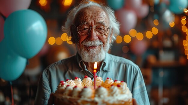 Photo portrait d'un homme âgé souriant se préparant à profiter d'un morceau de gâteau au chocolat