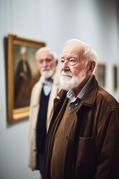 Portrait d'un homme âgé visitant la galerie d'art locale avec son ami créé avec une IA générative