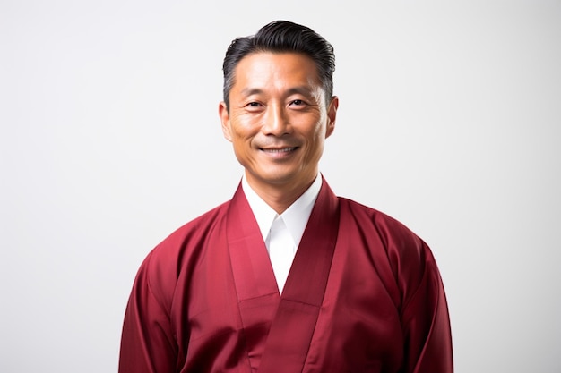 Portrait d'un homme asiatique d'âge moyen heureux en kimono rouge