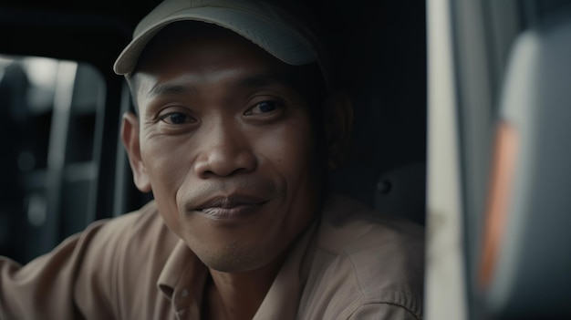 Portrait d'un homme asiatique assis dans une voiture et regardant la caméra AI générative