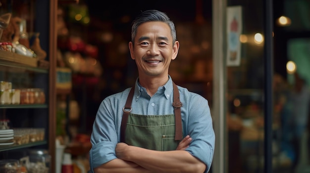 Portrait d'un homme asiatique heureux debout à la porte de son magasin Serveuse mature et joyeuse attendant des clients au café Propriétaire de petite entreprise Generative Ai