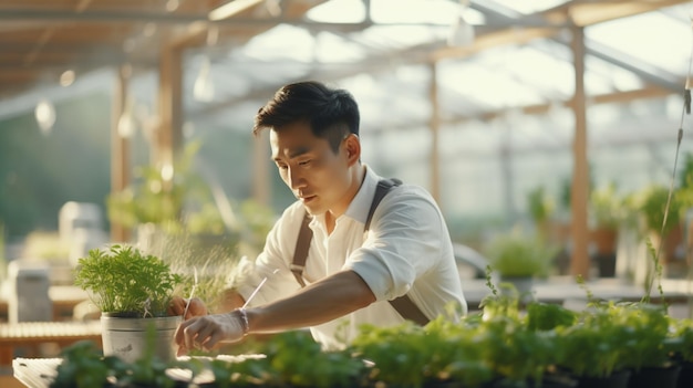 Portrait d'un homme asiatique travaillant dans une serre Spécialiste du jardin Thème d'aménagement paysager