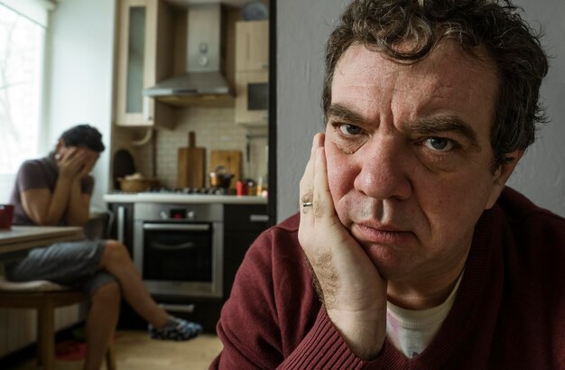 Photo portrait d'un homme assis à la maison et d'une femme en pleurs