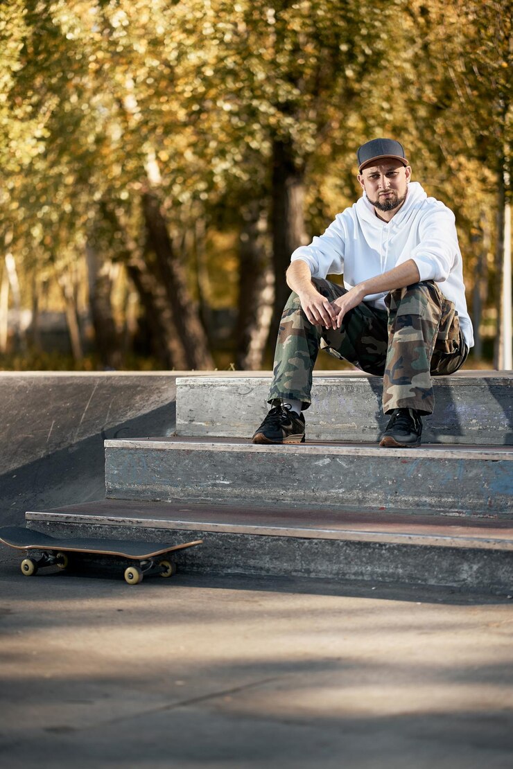 Photo portrait d'un homme assis sur une planche à roulettes