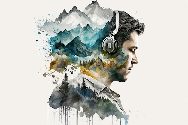 Portrait d'un homme au casque double exposition avec des montagnes