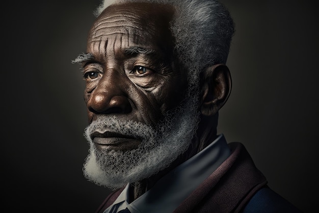 Portrait d'un homme au visage bleu et à la barbe blanche.