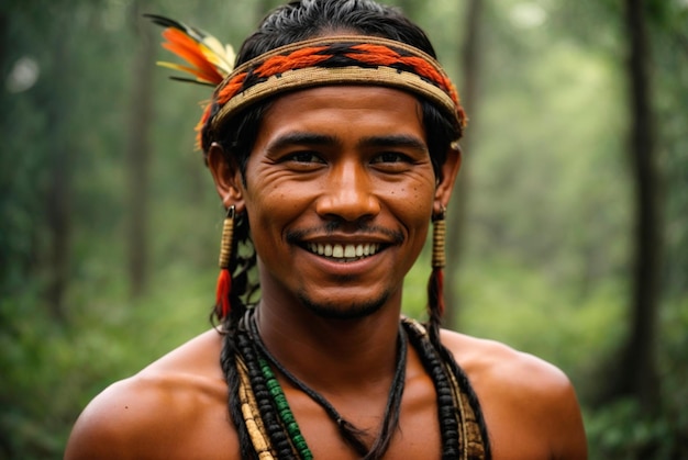 Photo portrait d'un homme autochtone d'une tribu sud-américaine avec la jungle en arrière-plan